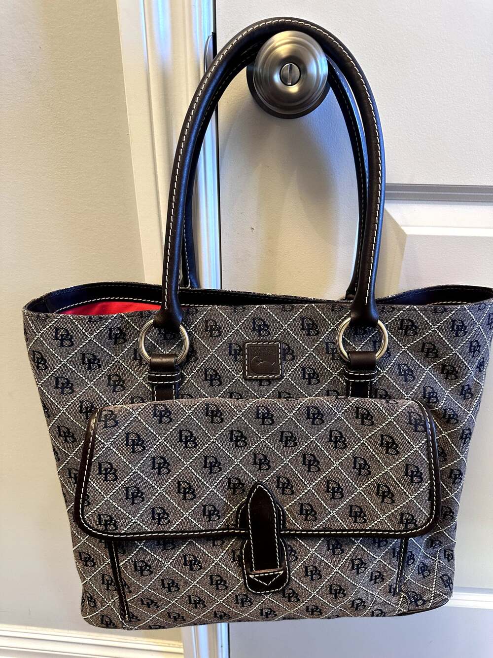 Dooney & Bourke Signature Monogram Jacquard Tote Bag Brown Leather Trim